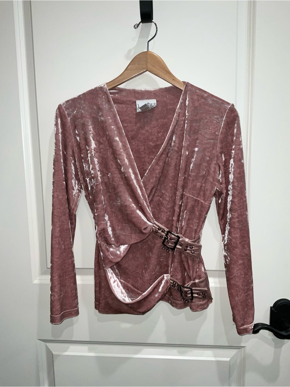 Joseph Ribkoff Dusty Mauve Velvet Wrap Top with Double Buckles